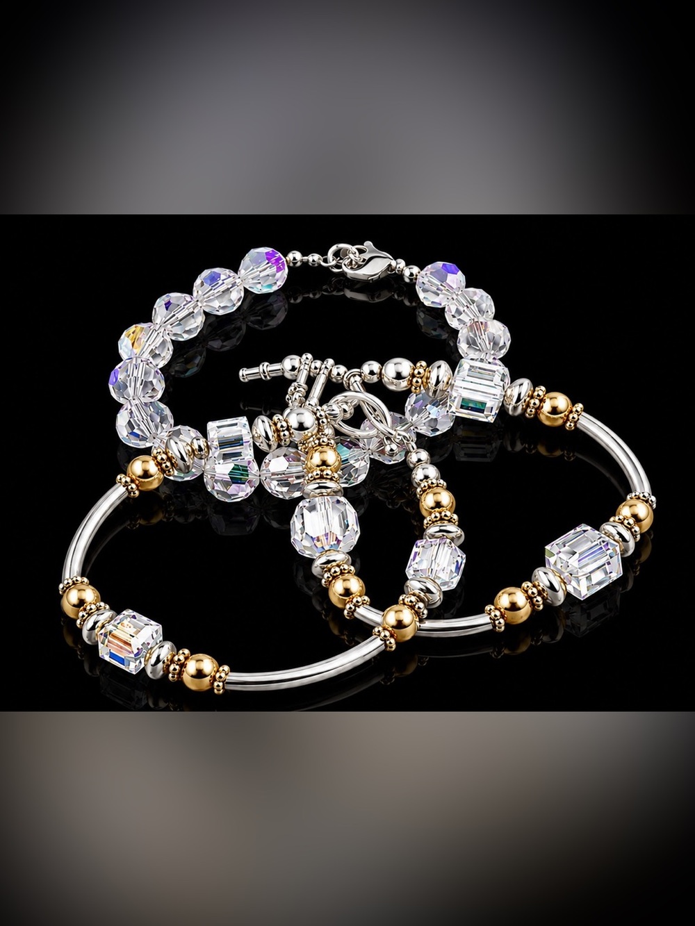 Swarovski Crystal Bead and Silver and Gold Bead 3 pc Stunning Bracelet Set, NWOT